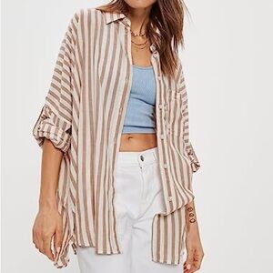 Oversized Stripe Button Up Shirt Brown White coastal indie granola vacation boho